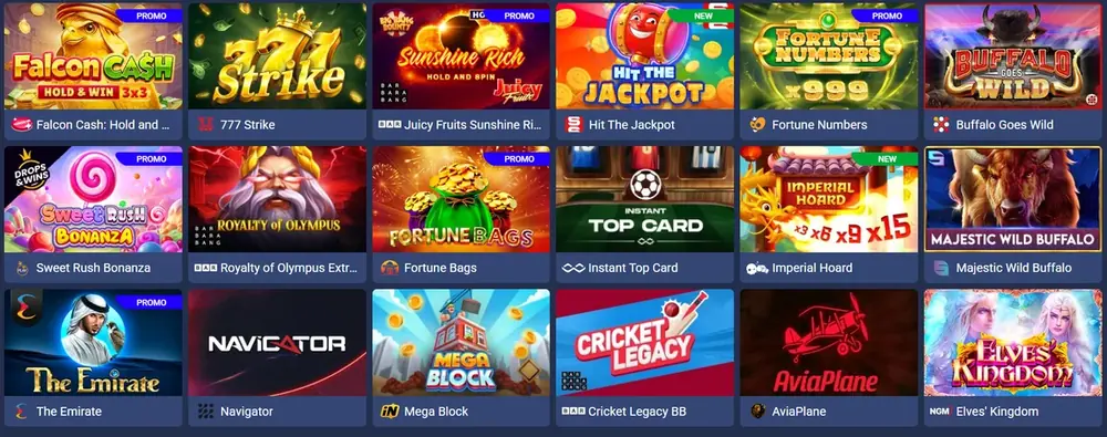 Catálogo de slots da 1xBet com dezenas de títulos